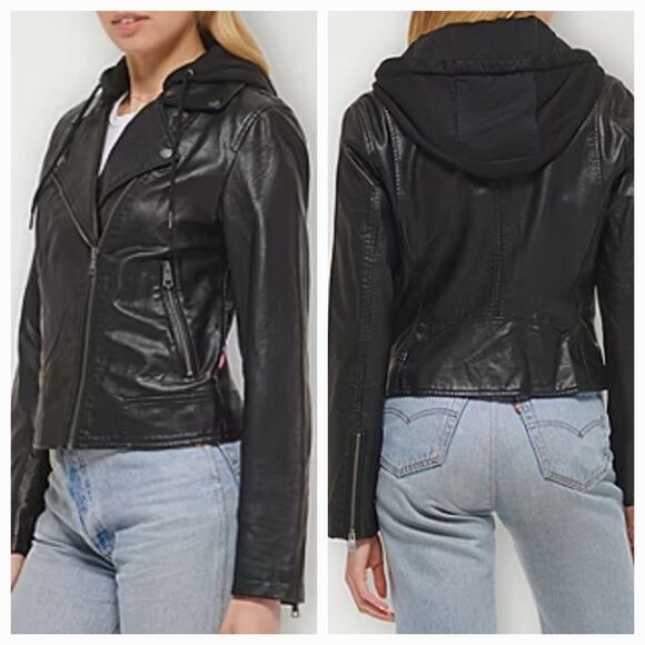 NWT $120 Levi’s Strauss Women Faux Leather Hooded Moto Biker Jacket Black Sz S - Picture 1 of 8